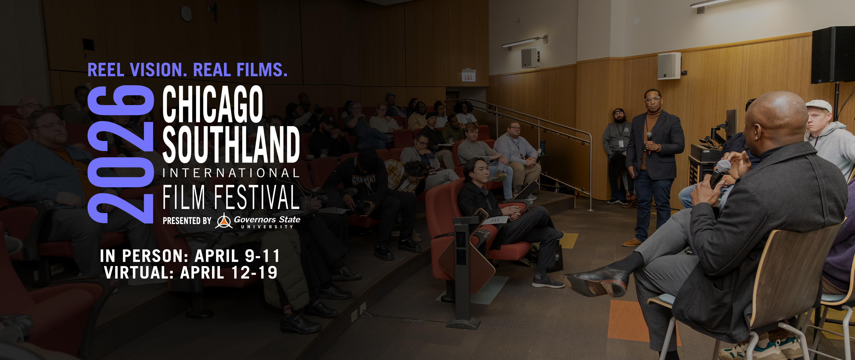 Photograph of a panel discussion at Chicago Southland International Film Festival, showing an audience seated in a lecture hall with two speakers engaging in conversation. Text overlay highlights festival dates: in-person April 9-11 and virtual April 12-19, with branding for 2026 event and Governors State University.